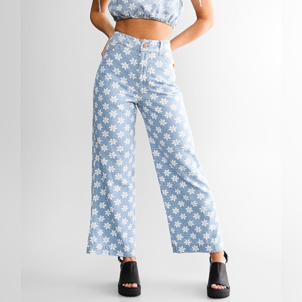 Wrangler x Billabong Sz 27 Floral Print High Rise Wide Leg Jeans Blue White NWT